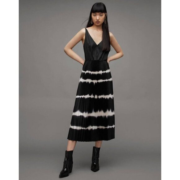 New AllSaints Size L Curtis satin tie dye pleated midi dress *No Sweater Top* - Picture 1 of 13